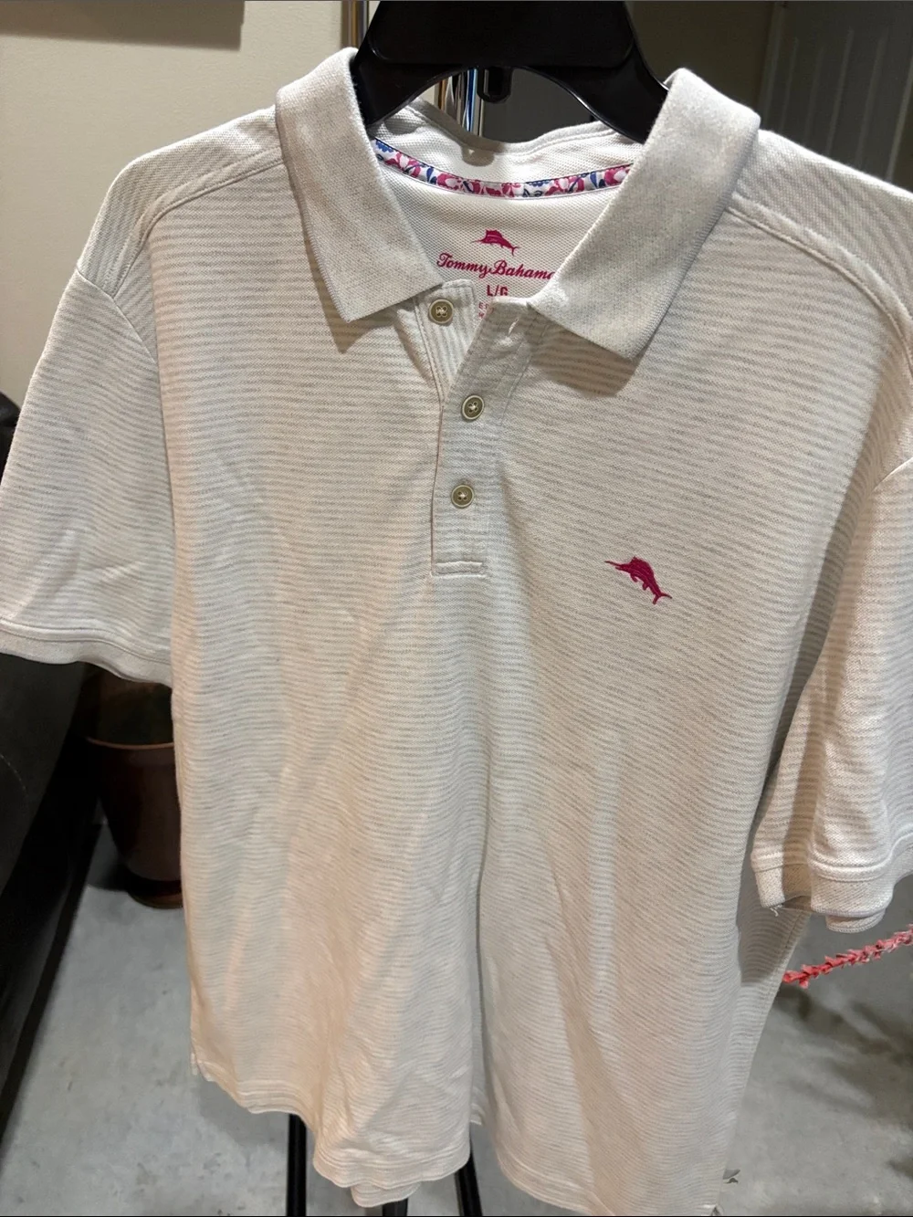 Tommy Bahama White Polo with Pink Dolphin Logo